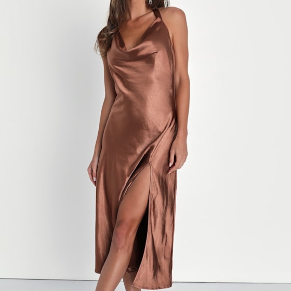 Lulus Sophisticated Impression Brown Satin Backless Cowl Midi Dress - Size XL